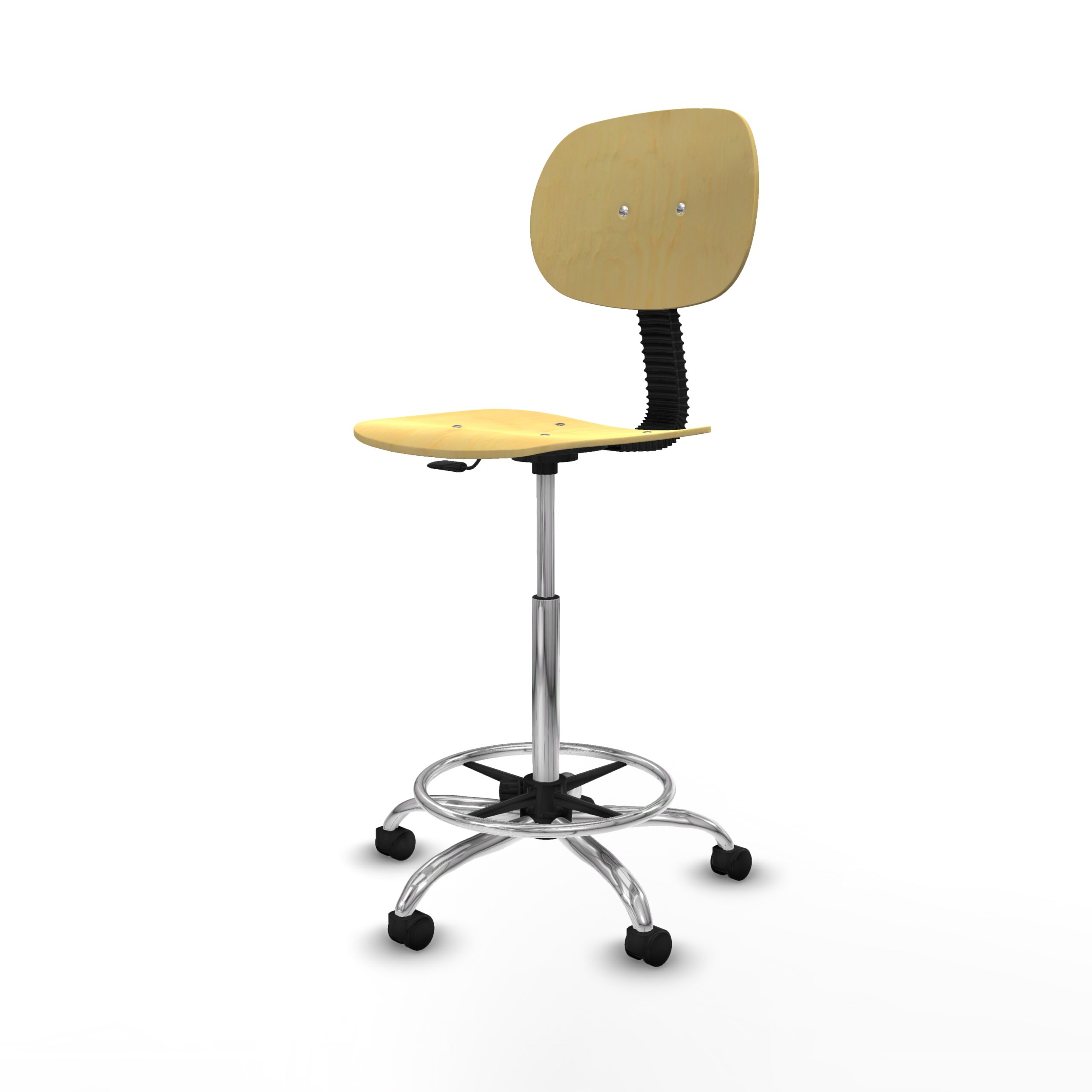 Taburete de madera regulable AREZZO con base cromada y ruedas de nailon