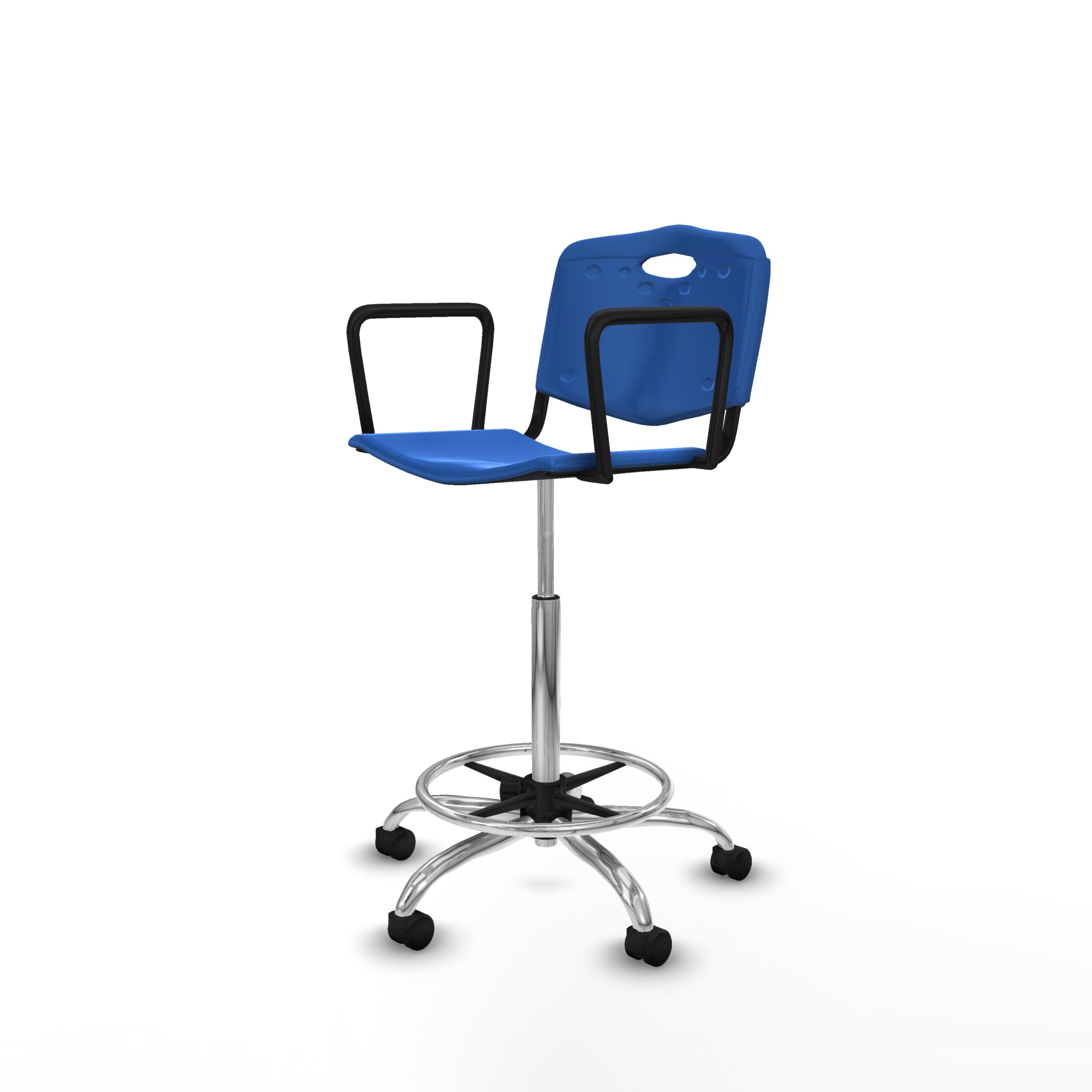 Taburete de plástico CREMONA azul con brazos fijos y base cromada