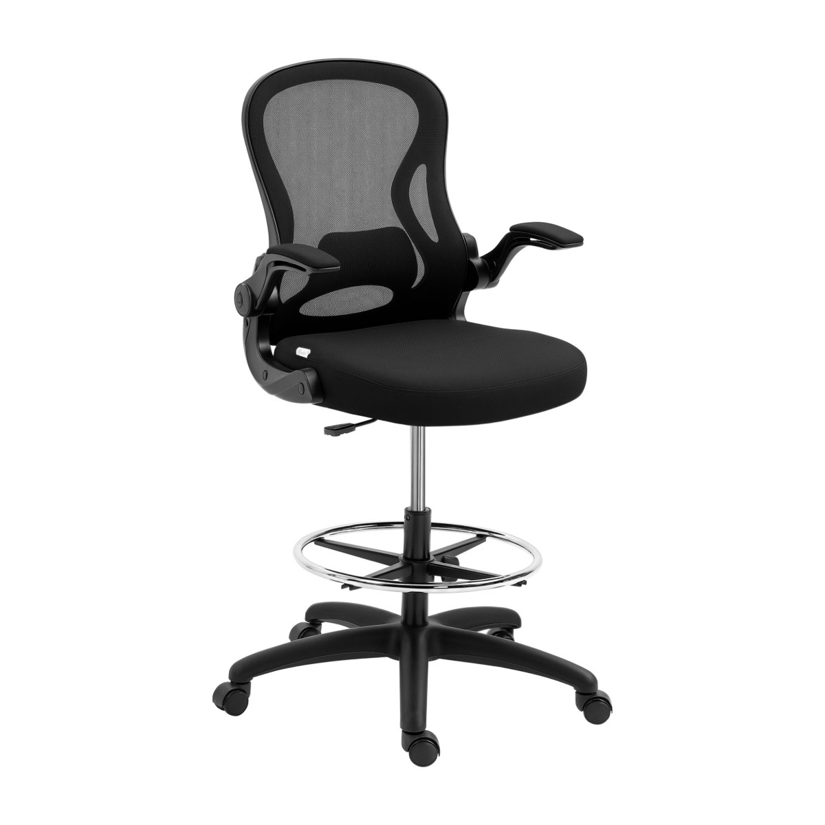 Taburete de oficina alto PRAGA en malla negra con soporte lumbar, brazos abatibles y aro reposapiés