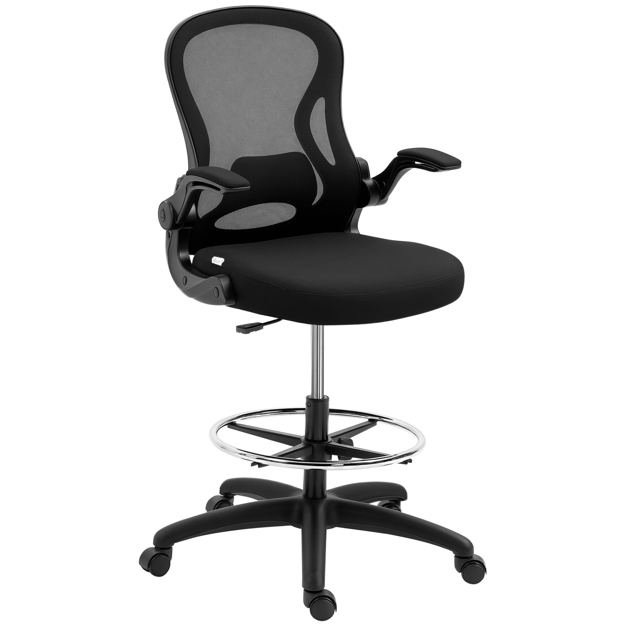 Taburete de oficina alto PRAGA en malla negra con soporte lumbar, brazos abatibles y aro reposapiés