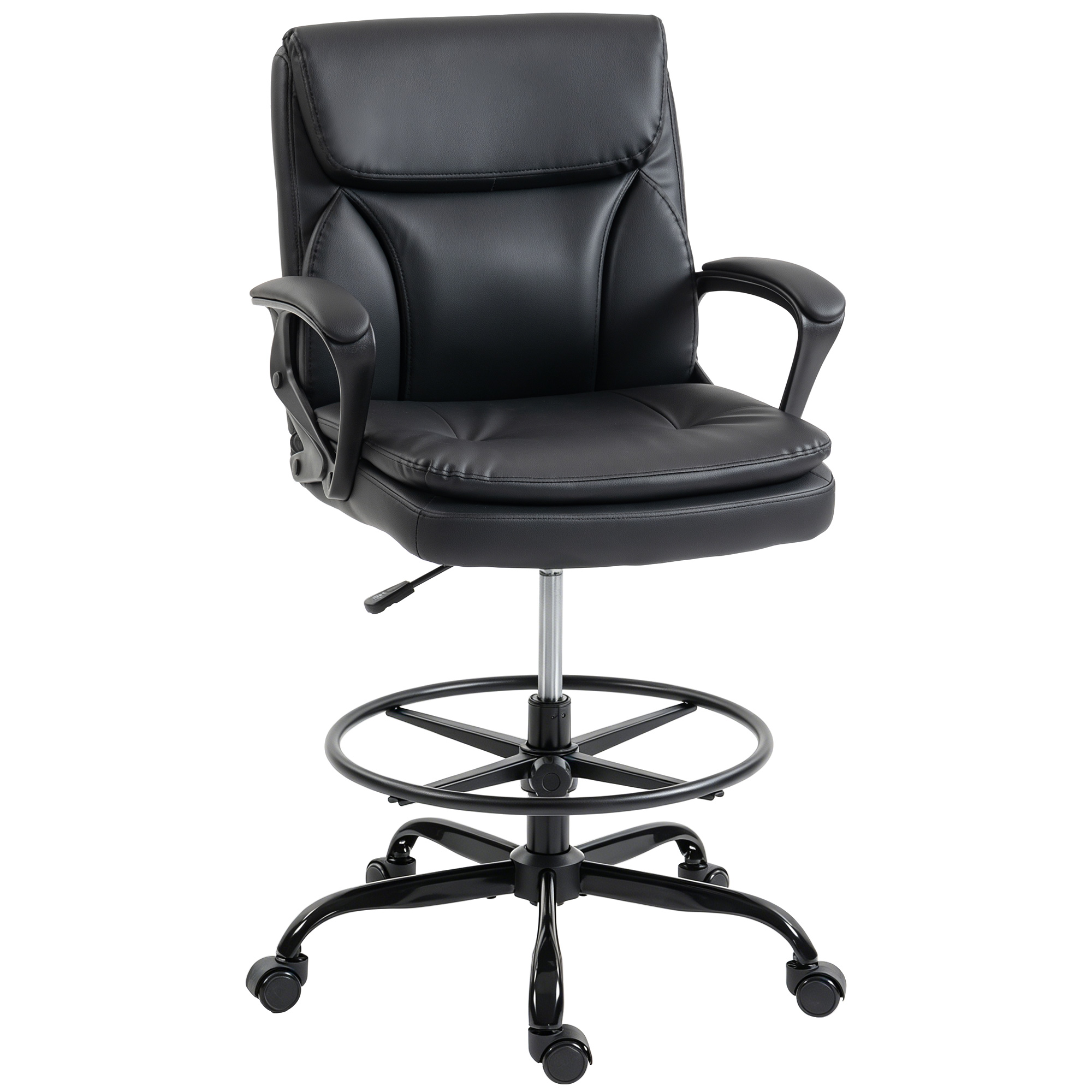Taburete de oficina alto VERONA tapizado en negro con aro reposapiés regulable y respaldo envolvente