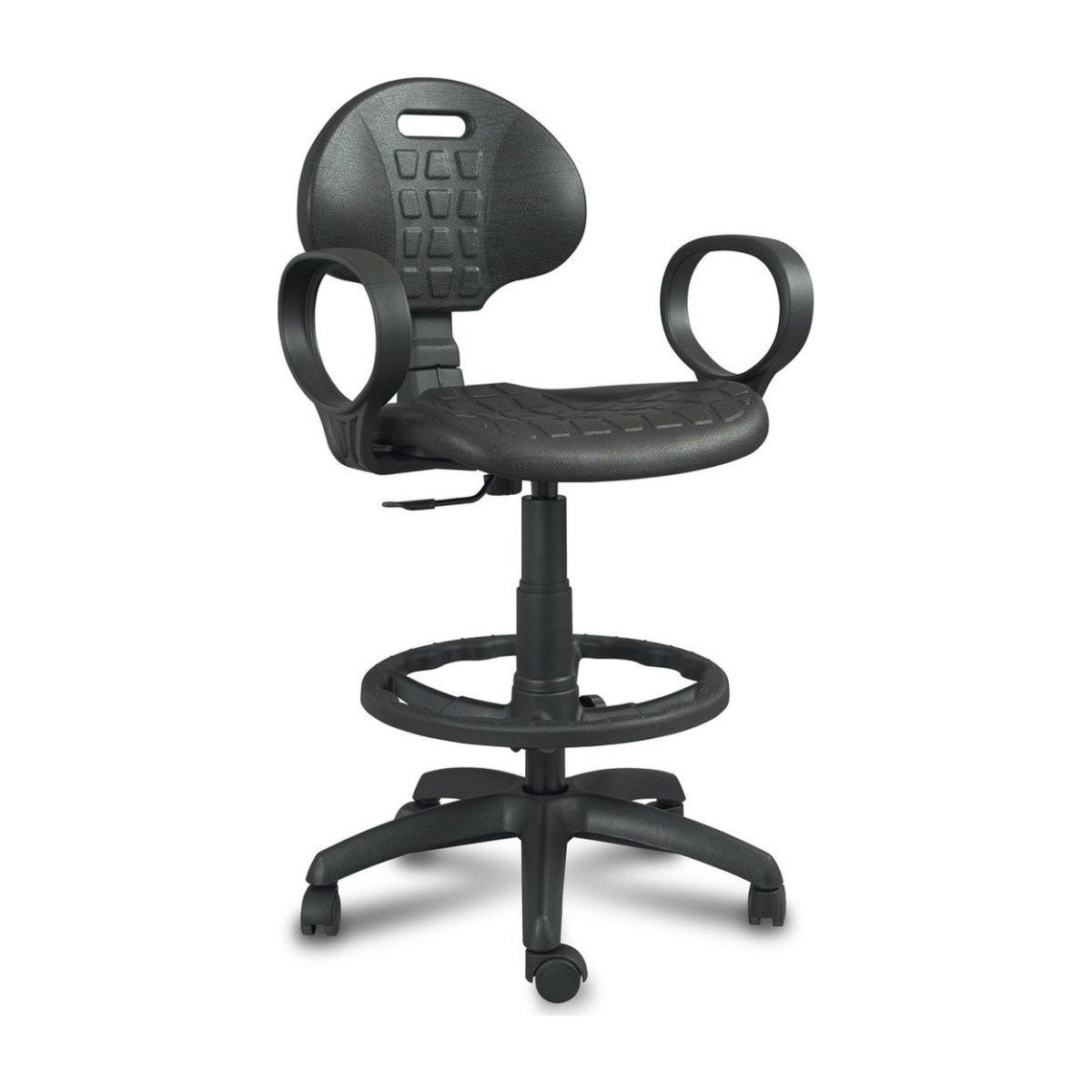 Taburete de laboratorio con brazos MÓDENA: asiento y respaldo de poliuretano negro, brazos fijos y aro reposapiés, vista frontal
