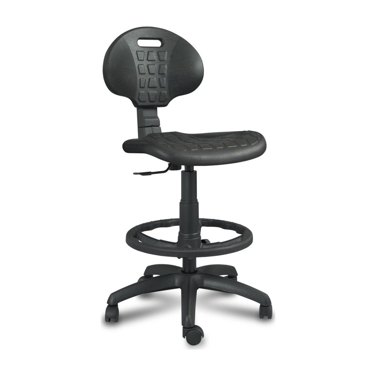 Taburete de laboratorio MÓDENA con respaldo de poliuretano negro, aro reposapiés y ruedas, vista frontal