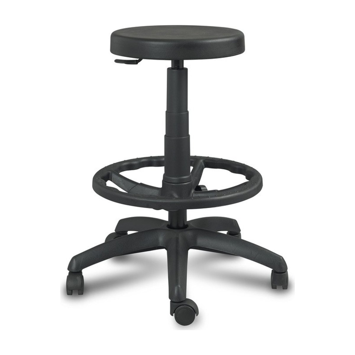 Taburete de laboratorio sin respaldo TRENTO: asiento redondo de poliuretano negro, aro reposapiés y ruedas