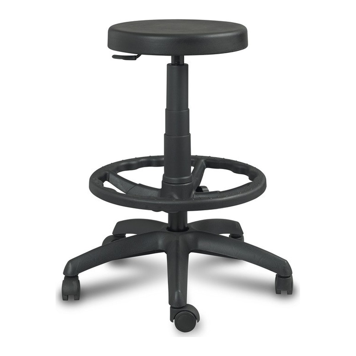 Taburete de laboratorio sin respaldo TRENTO: asiento redondo de poliuretano negro, aro reposapiés y ruedas