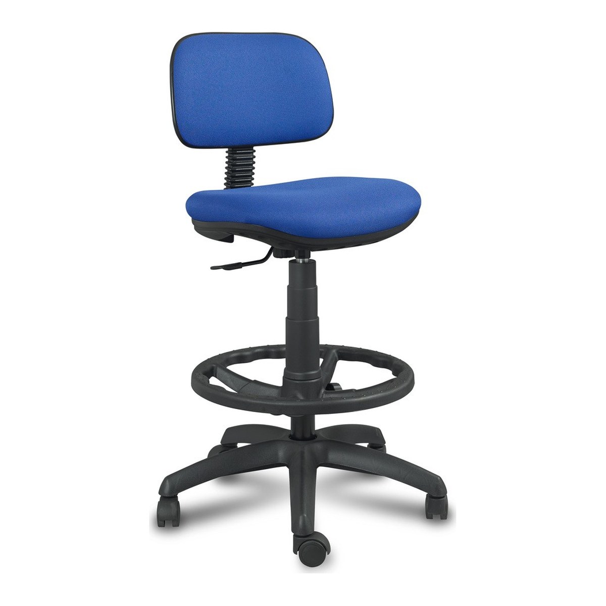 Taburete de trabajo con respaldo FERRARA en azul: asiento y respaldo tapizados, aro reposapiés y ruedas, vista frontal