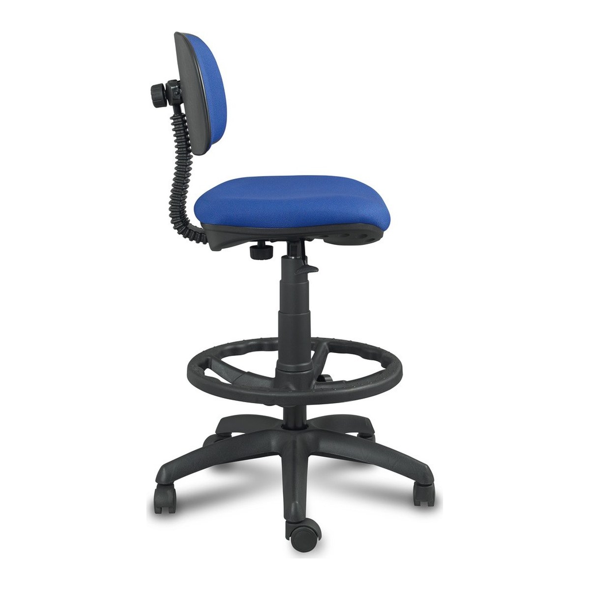 Taburete de trabajo con respaldo FERRARA en azul de perfil: respaldo regulable en altura y mecanismo de ballesta