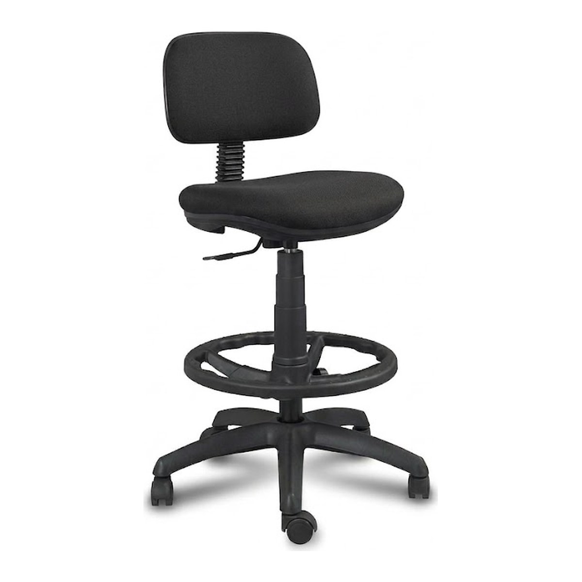 Taburete de trabajo con respaldo FERRARA en negro: asiento y respaldo tapizados, aro reposapiés y ruedas, vista frontal