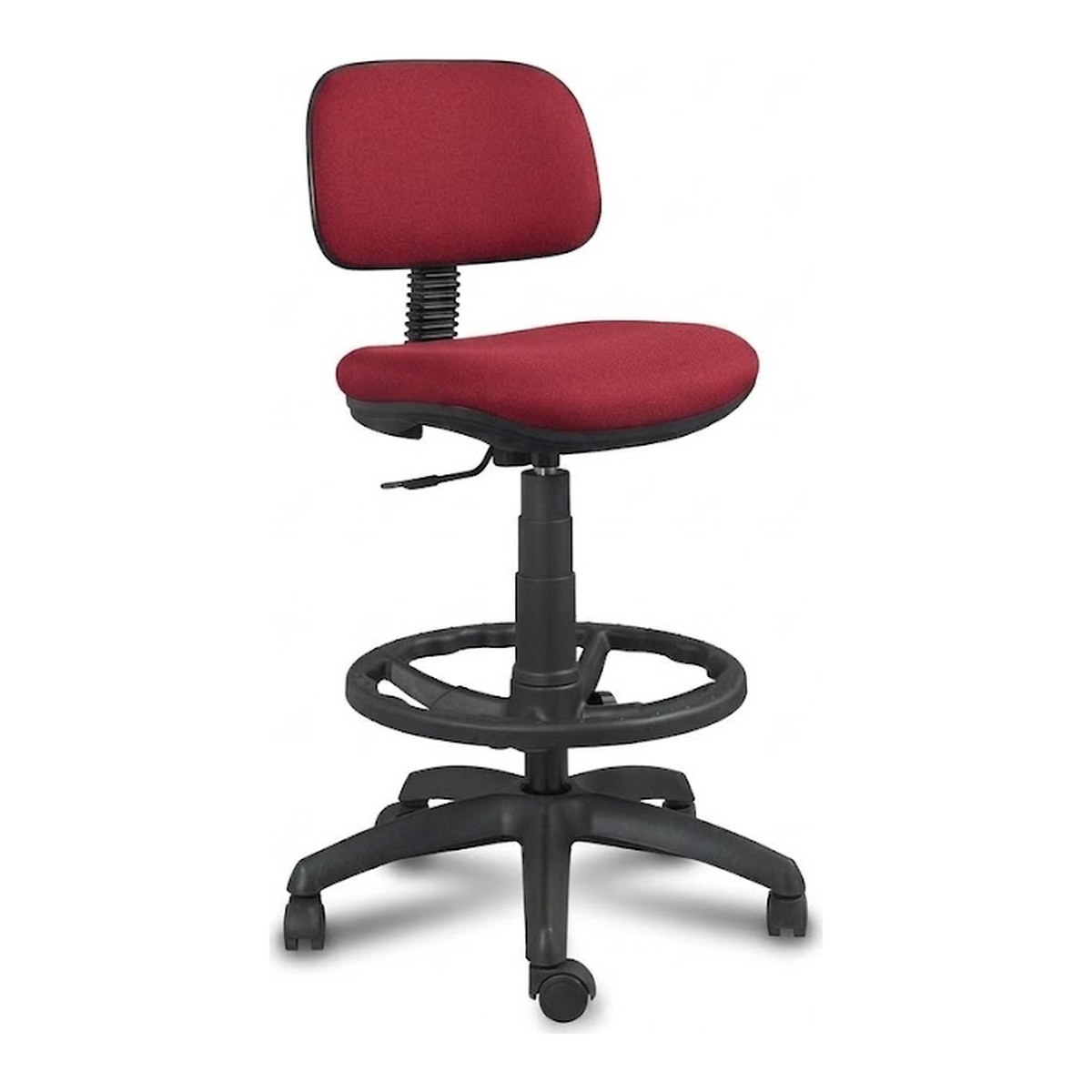 Taburete de trabajo con respaldo FERRARA en rojo: asiento y respaldo tapizados, aro reposapiés y ruedas, vista frontal